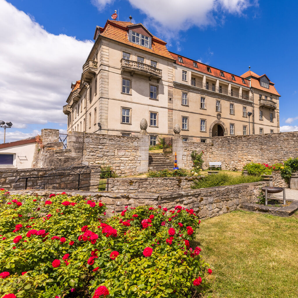 Beiges Schloss mit rotem Dach, blauer Himmel und rotem Rosenbeet vorne